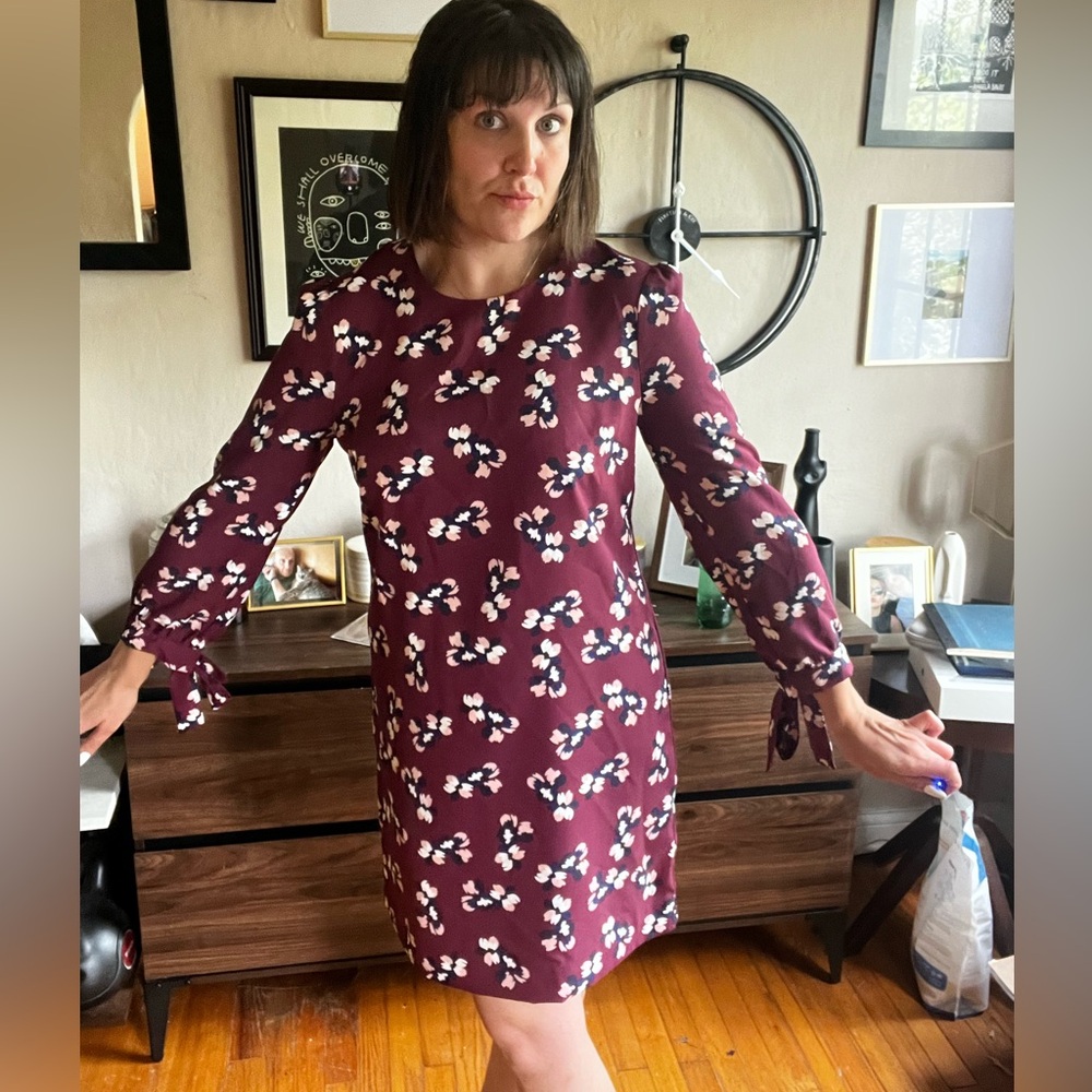 Burgundy Banana republic factory, Fall 2018; elbow tie, ~3 inches above my knees